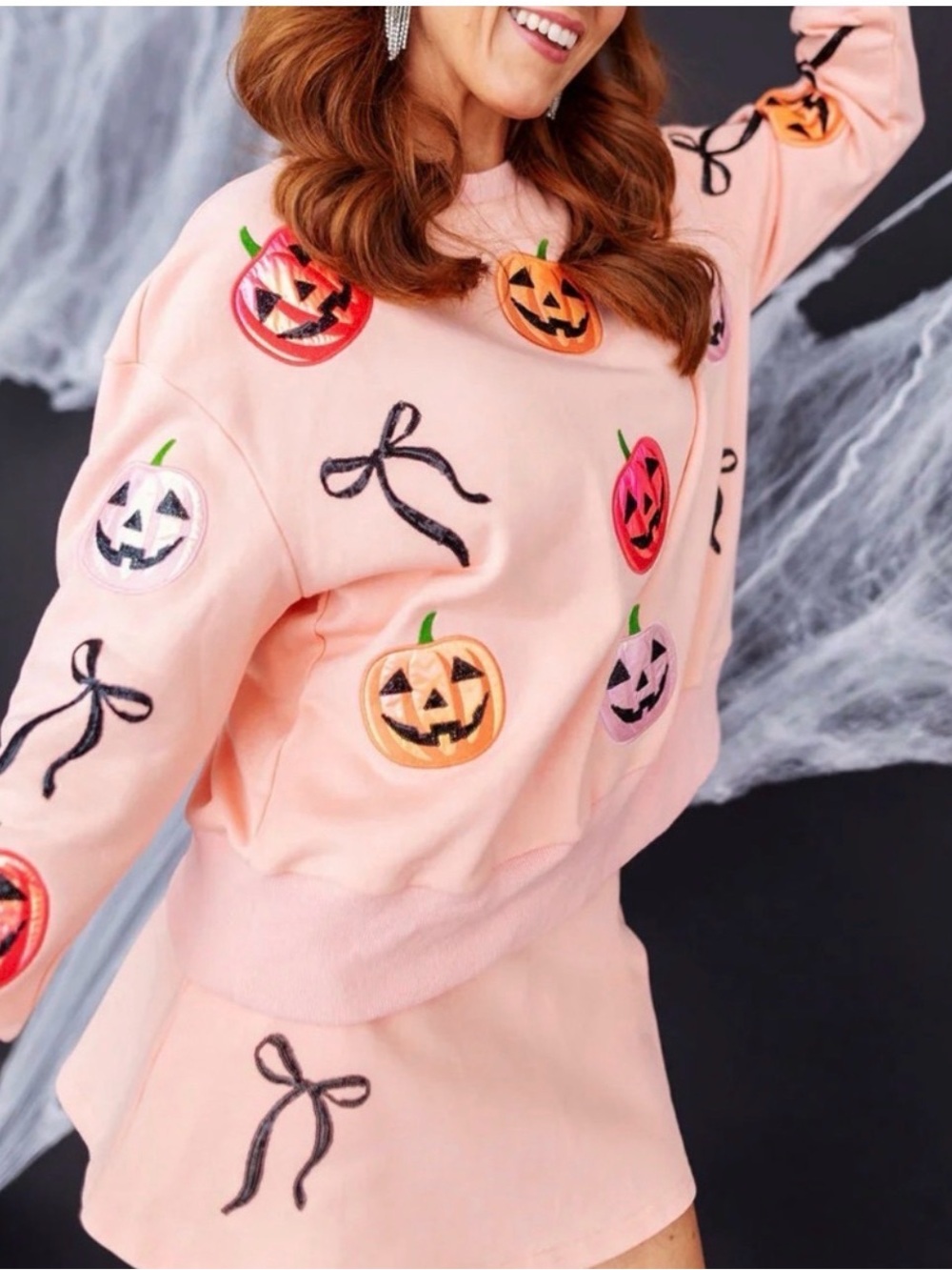 Women’s Brianna Cannon Embroidered Appliqué Halloween Sweatshirt with Pumpkins